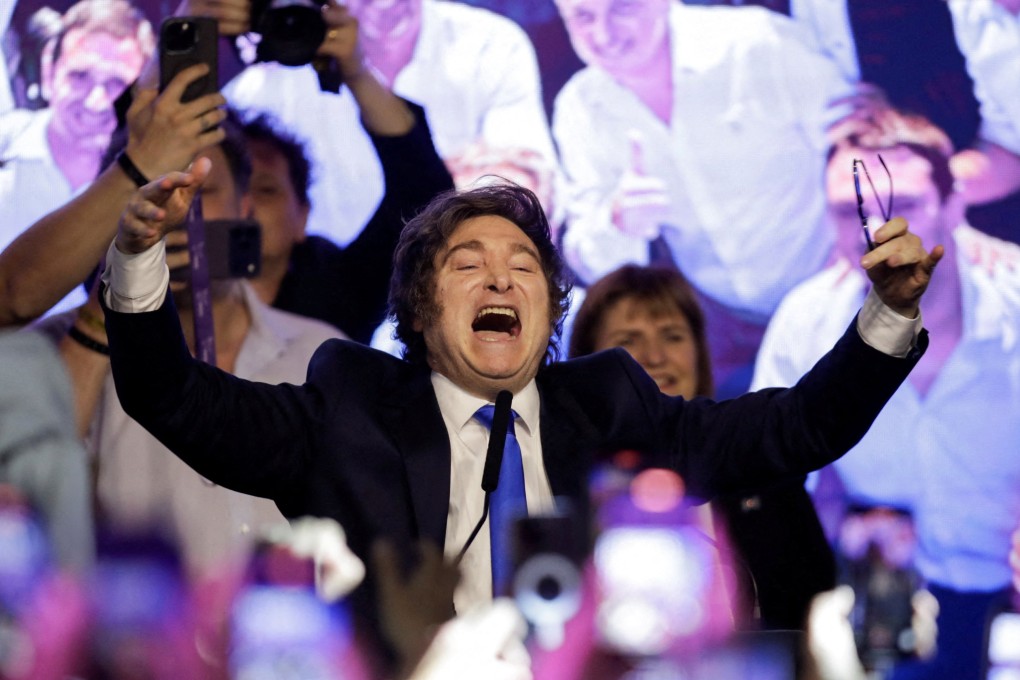 Argentina’s President Javier Milei celebrates after the La Libertad Avanza party won the midterm elections. Photo: Reuters