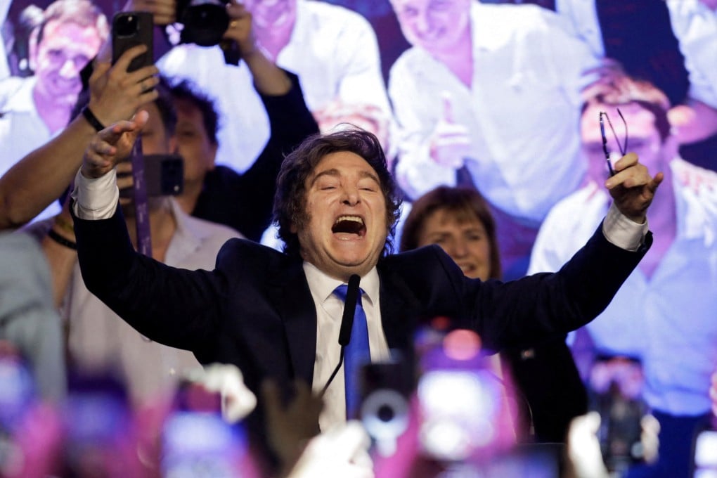 Argentina’s President Javier Milei celebrates after the La Libertad Avanza party won the midterm elections. Photo: Reuters