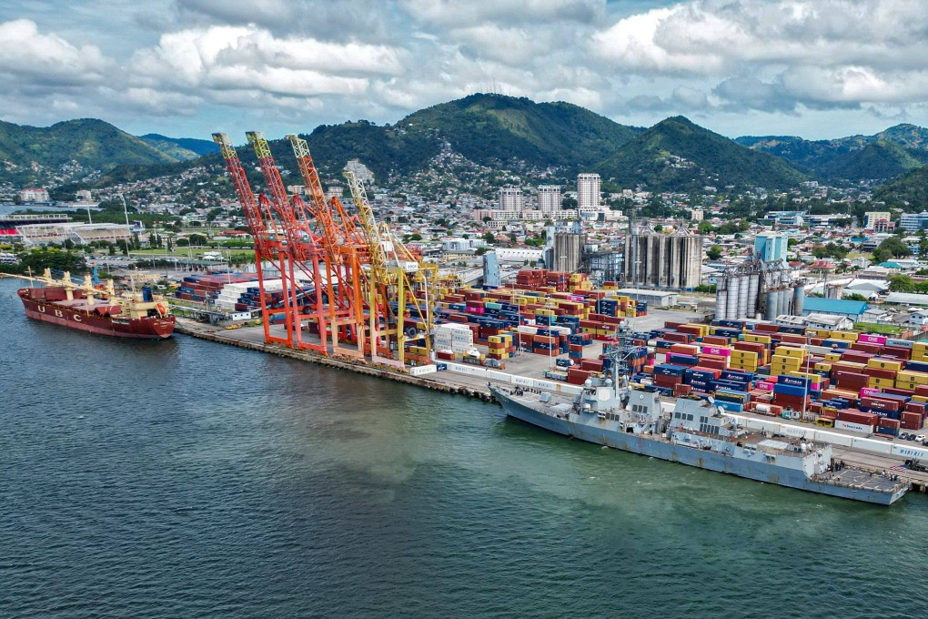 The USS Gravely warship docked in Port of Spain, the capital of Trinidad and Tobago, on Sunday. Photo: AFP