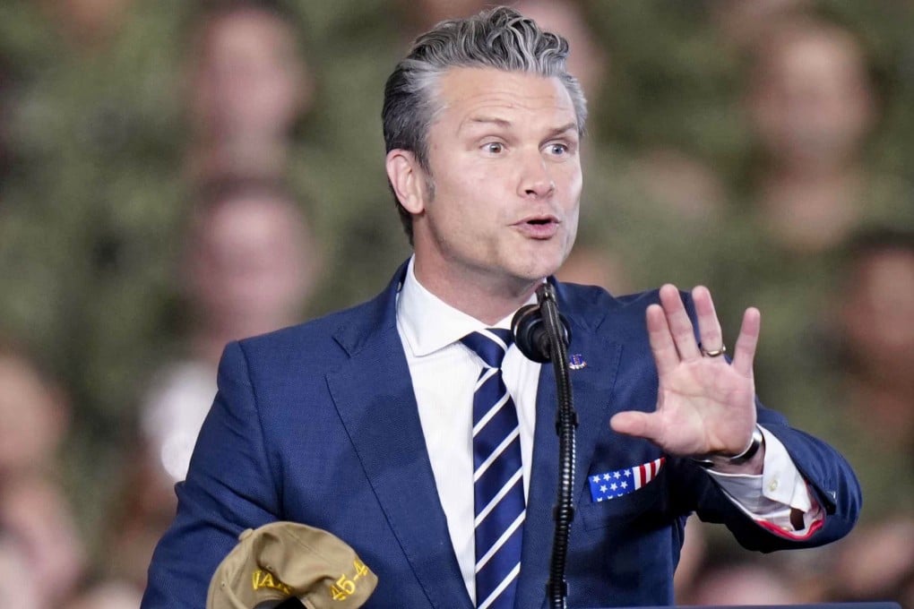 US Secretary of Defence Pete Hegseth makes a speech aboard the aircraft carrier George Washington in Japan on Tuesday. Photo:
Kyodo