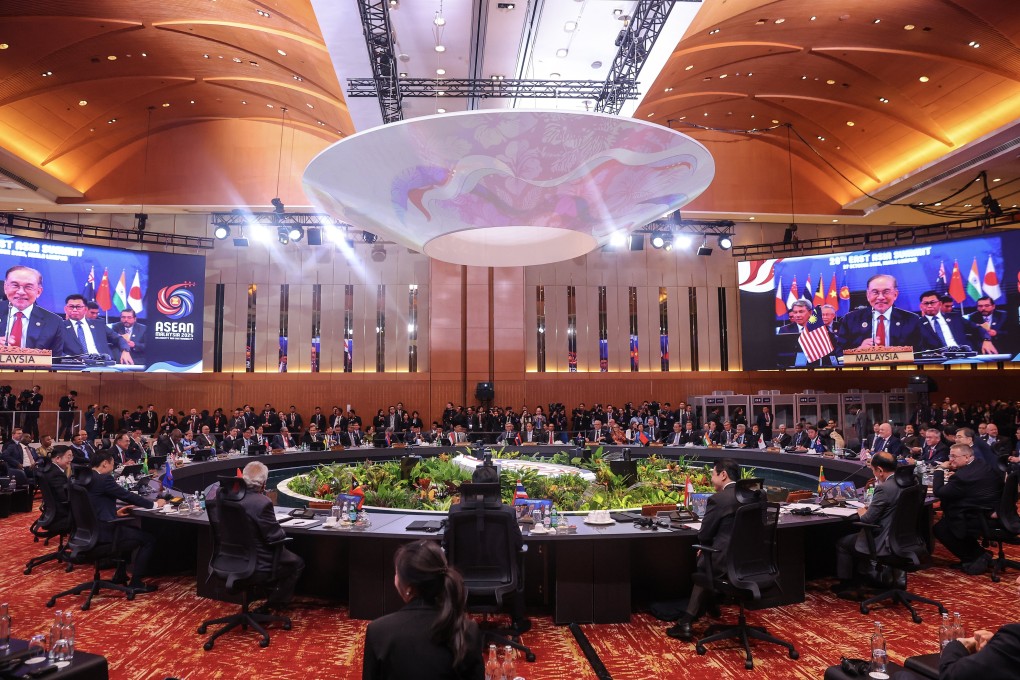A screen focuses on Malaysian Prime Minister Anwar Ibrahim at the 20th East Asia Summit at the Kuala Lumpur Convention Centre in Malaysia, on October 27. Photo: EPA