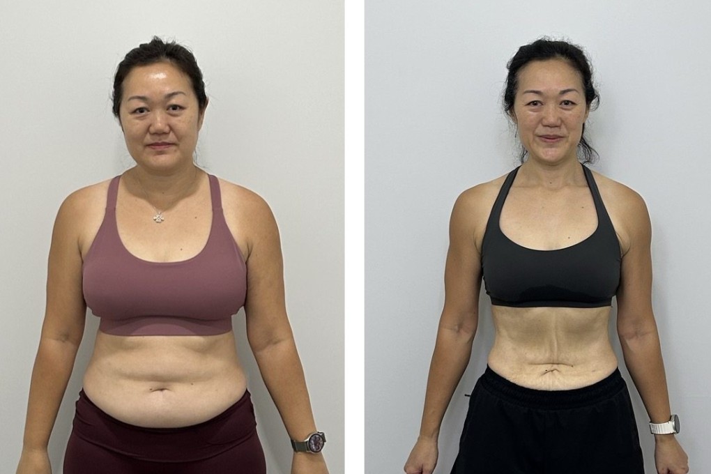 Terri Cheong saw her weight fall 19kg from February 2025 (left) to September 2025 (right) through strength training and a diet overhaul. Photo: Ultimate Performance