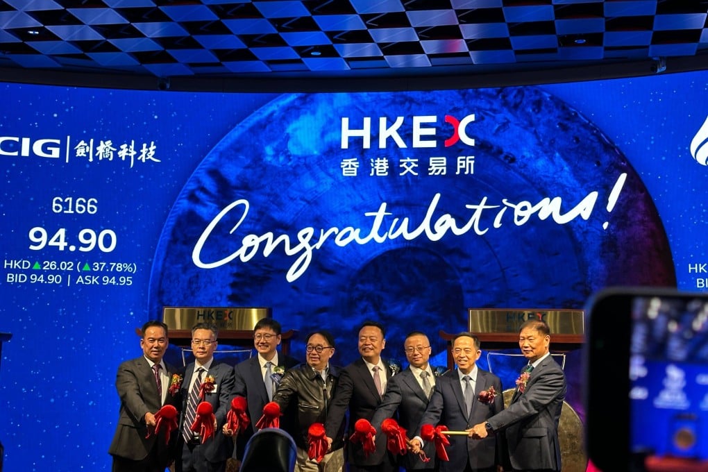 Executives of four companies at the listing ceremony of their stocks on October 28, 2025 in Hong Kong, marking the busiest debut day for the HKEX in four months. Photo: Aileen Chuang