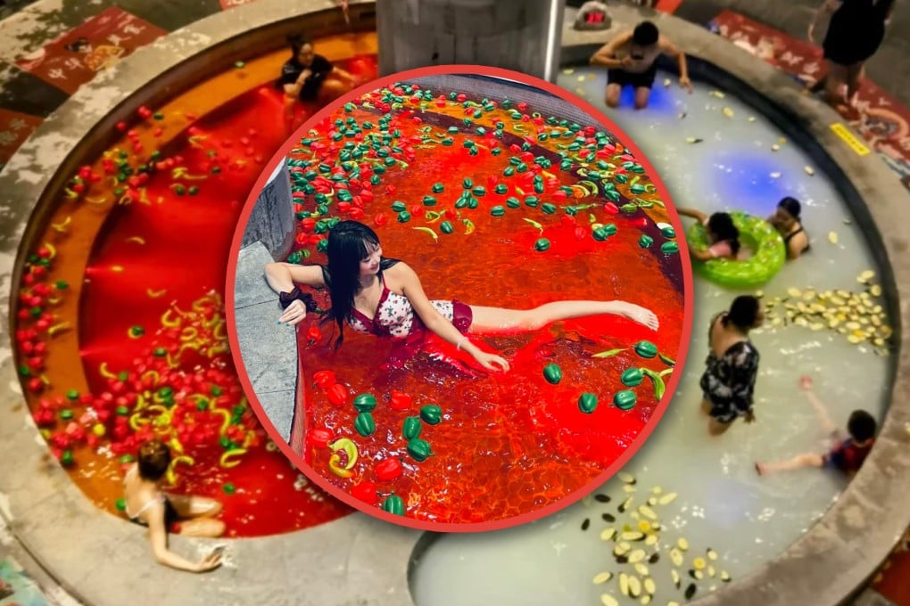 A bathhouse in China is offering a “hotpot bath” where visitors soak in chilli pepper “soup”, claiming the experience enhances circulation and beauty. Photo: SCMP composite/RedNote