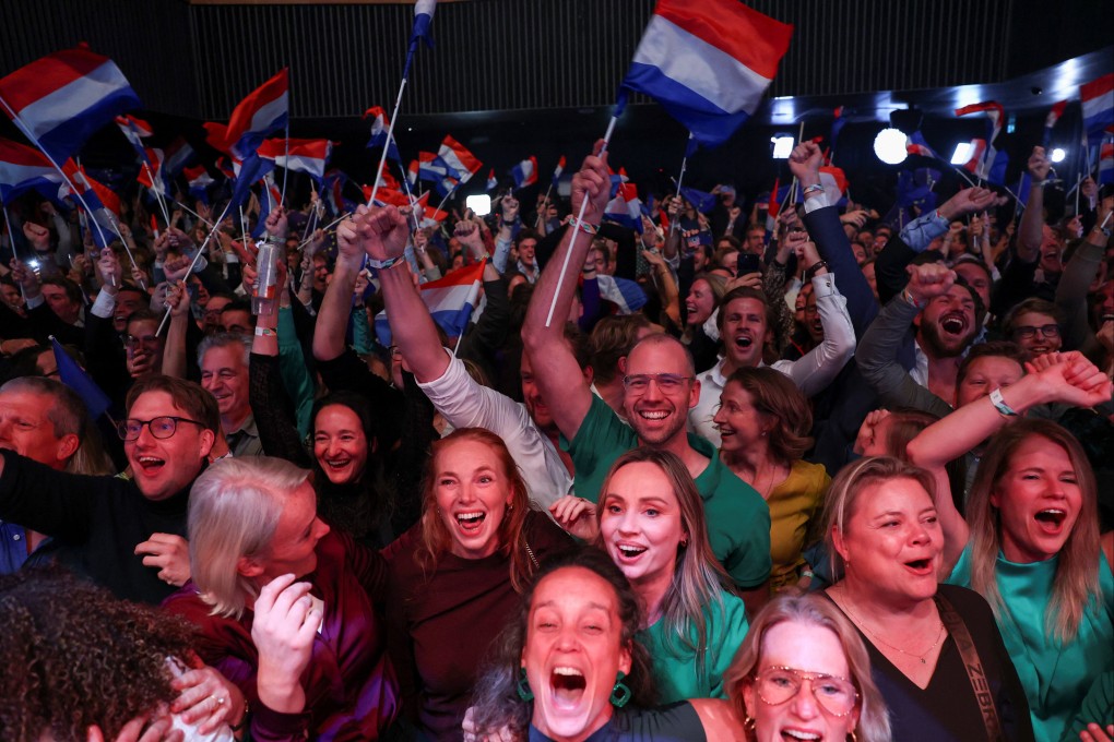 D66 supporters react to the first exit poll result in the Dutch parliamentary elections in Leiden, the Netherlands, on Wednesday. Photo: Reuters