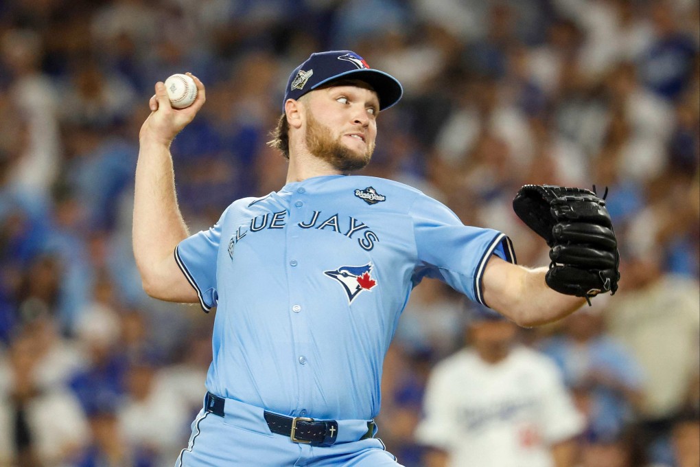 Trey Yesavage of the Blue Jays pitches during game five of the World Series at Dodger Stadium. Photo: Getty Images via AFP