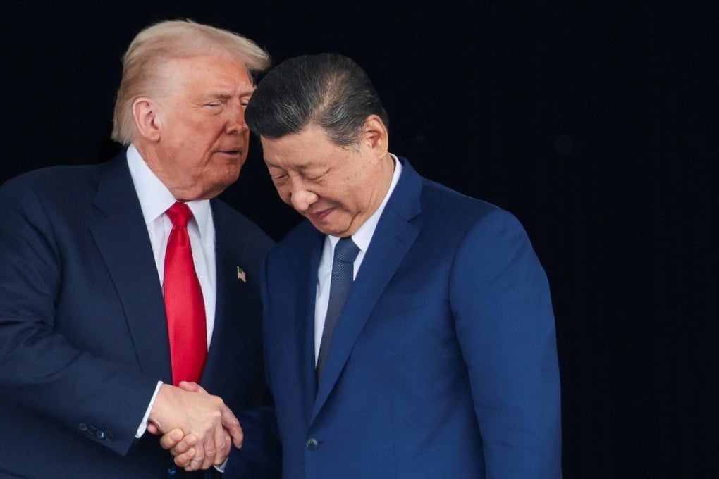 US President Donald Trump and Chinese President Xi Jinping talk as they leave a bilateral meeting in South Korea on Thursday. With many deals already finalised ahead of the meeting, the two leaders had plenty of space for cordiality. Photo: Reuters