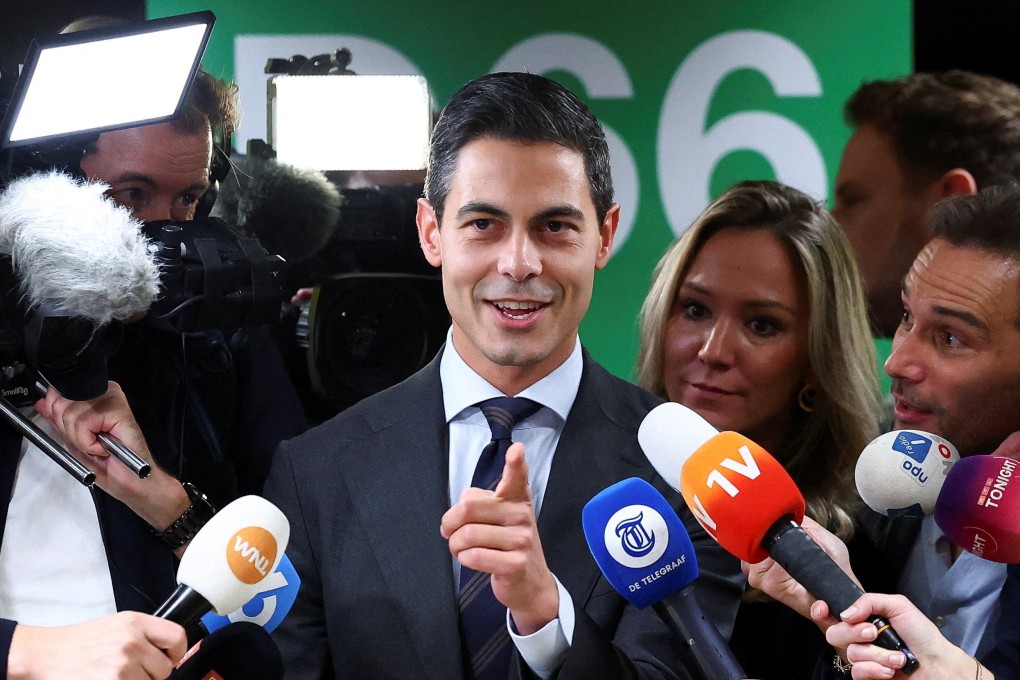 Democrats 66 party leader Rob Jetten speaks next to the media at the Dutch Parliament on Thursday. Photo: Reuters
