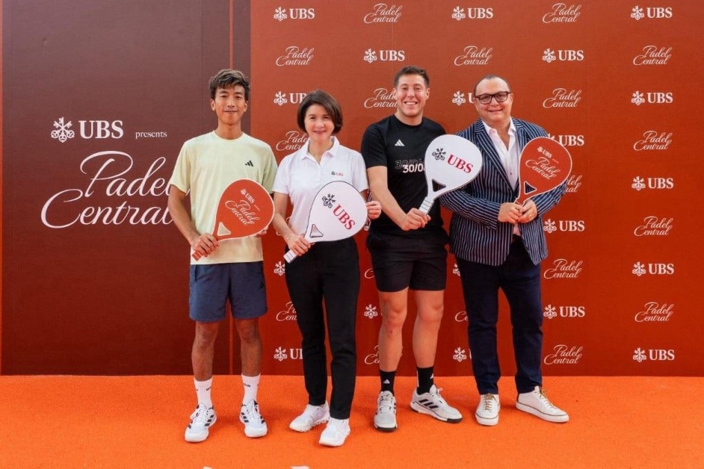 (From left) Vincent Chau, Hong Kong’s top padel player, Amy Lo, chairman, UBS global wealth management Asia, head and chief executive, UBS Hong Kong, Asier Gago, former coach of Japan’s national padel team and Michael Denmark, founder and chairman of the Great Entertainment Group at the Padel Central opening event.