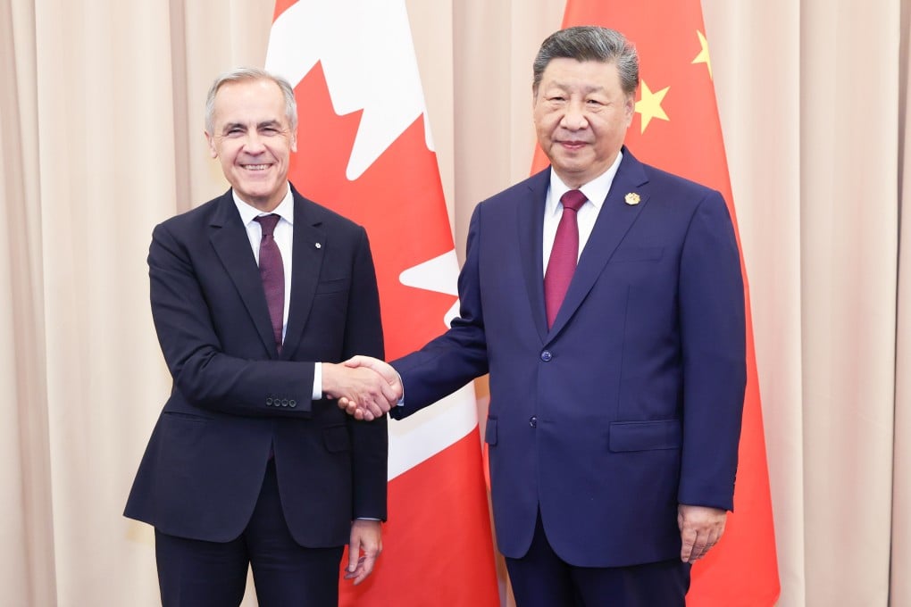 Canadian Prime Minister Mark Carney shakes hands with Chinese President Xi Jinping at the start of a meeting in Gyeongju on Friday. Both sides hailed the meeting as a turning point in what has been a fractious relationship. Photo: Xinhua
