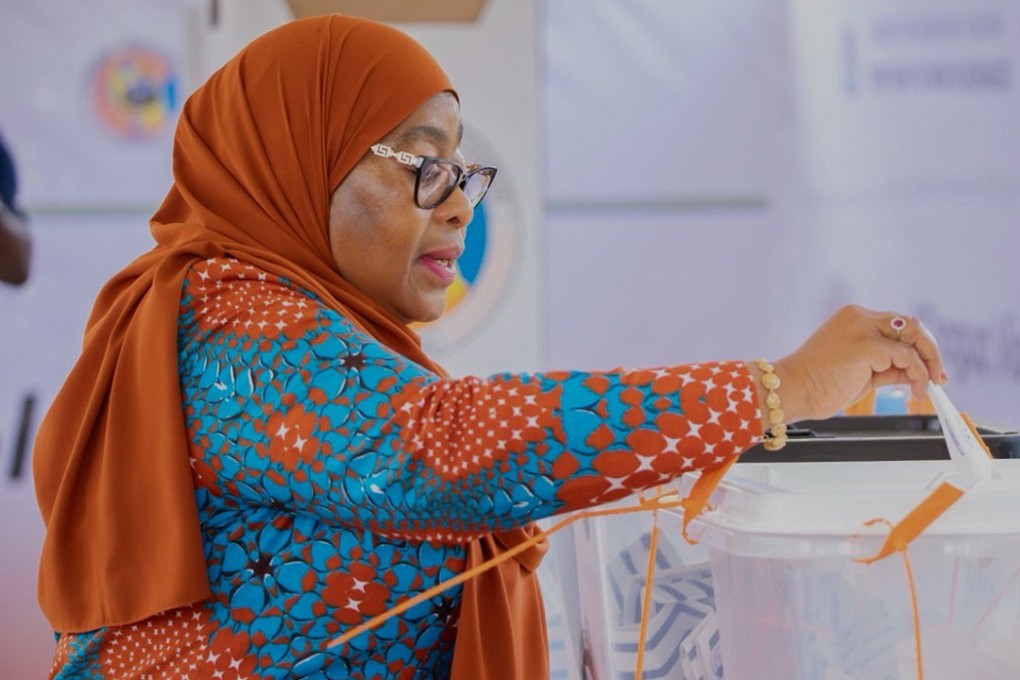 Tanzanian President Samia Suluhu Hassan casts her vote during the general elections on Wednesday. Photo: AP