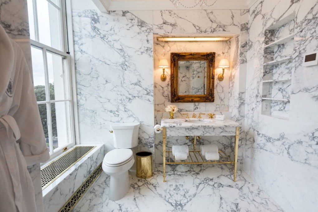 The Lincoln Bathroom, renovated in black and white marble, is seen in a photo posted by US President Donald Trump on Friday. Photo: Truth Social/realDonaldTrump via Reuters