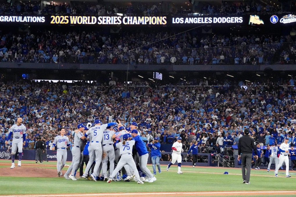 The Los Angeles Dodgers celebrates their win against the Toronto Blue Jays in Game 7 in Toronto. Photo: AP