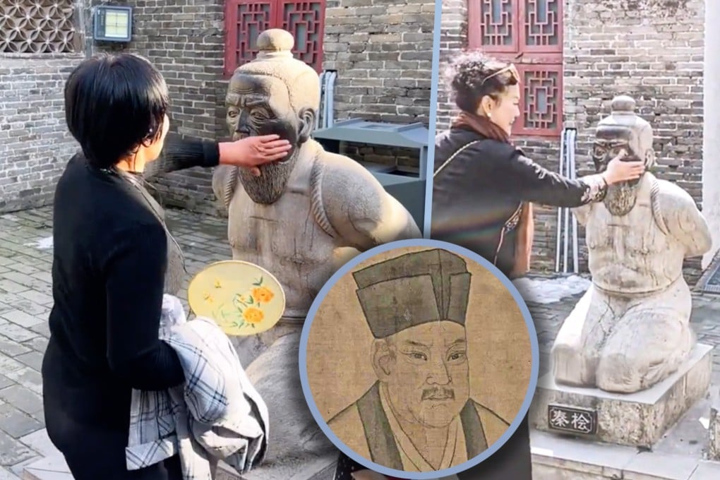 For over 500 years, statues of Qin Hui, a Song dynasty chancellor, have faced public scorn through slaps and insults, symbolising widespread disdain for his betrayal in Chinese history. Photo: SCMP composite/RedNote/Wikipedia