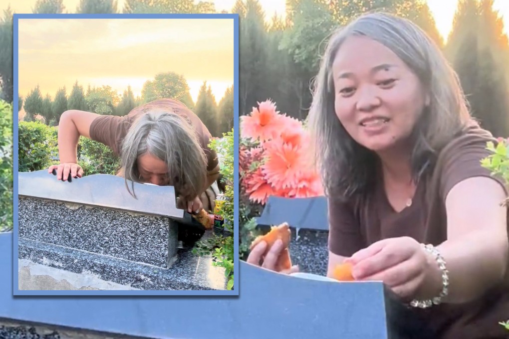 A Chinese mother has gone viral for visiting her three-year-old son’s grave, sharing her grief and kissing his gravestone. Photo: SCMP composite/Douyin