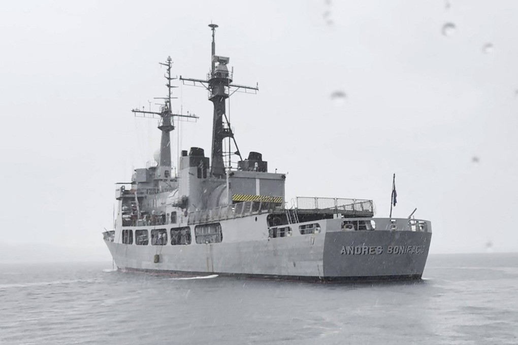 A screenshot shows a Philippine navy vessel anchored at Oyster Bay naval facility in Palawan province, West of Manila in June. Photo: AFP