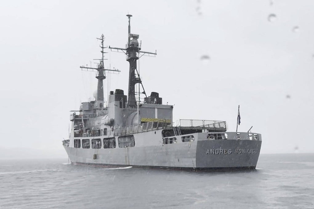 A screenshot shows a Philippine navy vessel anchored at Oyster Bay naval facility in Palawan province, West of Manila in June. Photo: AFP