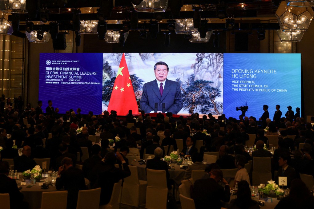 Vice-Premier He Lifeng delivers the opening keynote speech at the Global Financial Leaders’ Investment Summit via video link. Photo: Reuters