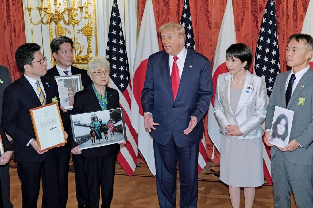 US President Donald Trump and Japanese Prime Minister Sanae Takaichi meet the families of Japanese nationals abducted by North Korea decades ago, at the State Guest House in Tokyo last month. Photo: Kyodo