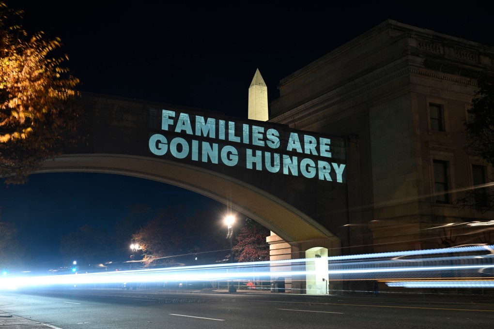 A message from the National Women’s Law Centre is projected on the US Department of Agriculture building in Washington on Monday. Photo: AP