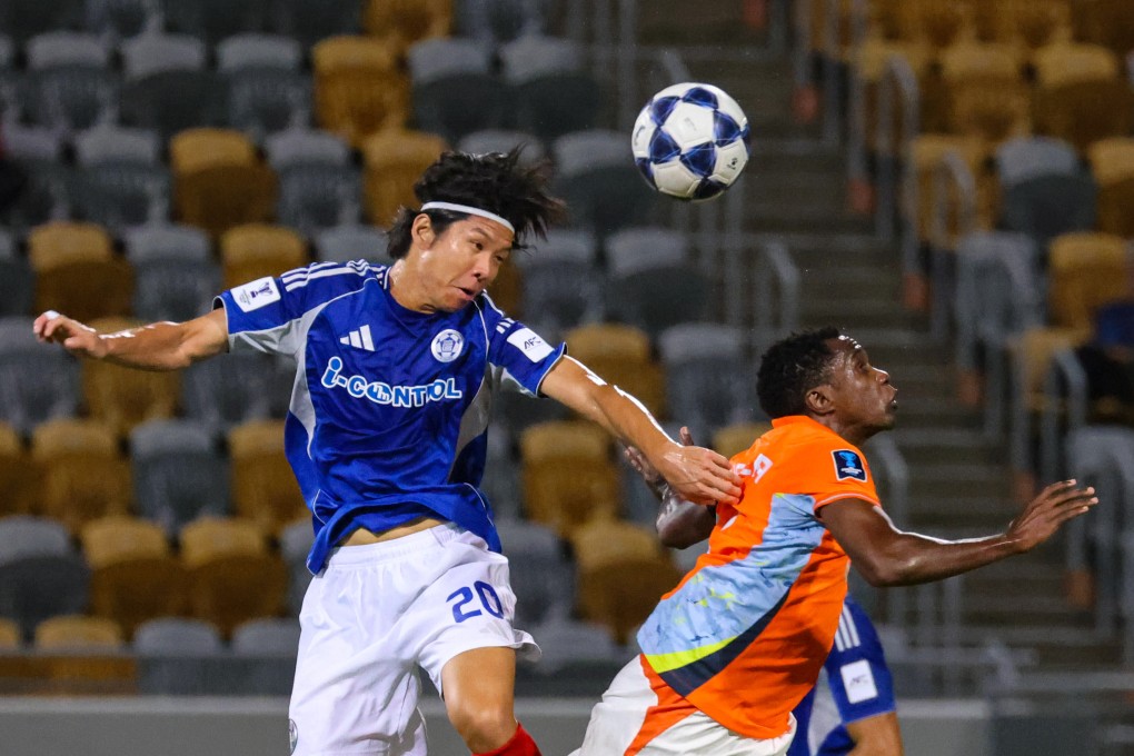 Eastern’s Ku Ja-ryong wins a header against Ratchaburi’s Negueba at Mong Kok Stadium. Photo: Nora Tam