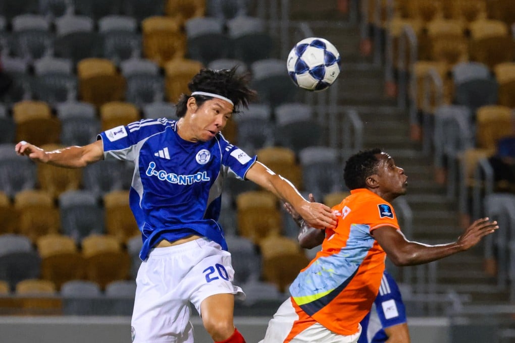 Eastern’s Ku Ja-ryong wins a header against Ratchaburi’s Negueba at Mong Kok Stadium. Photo: Nora Tam