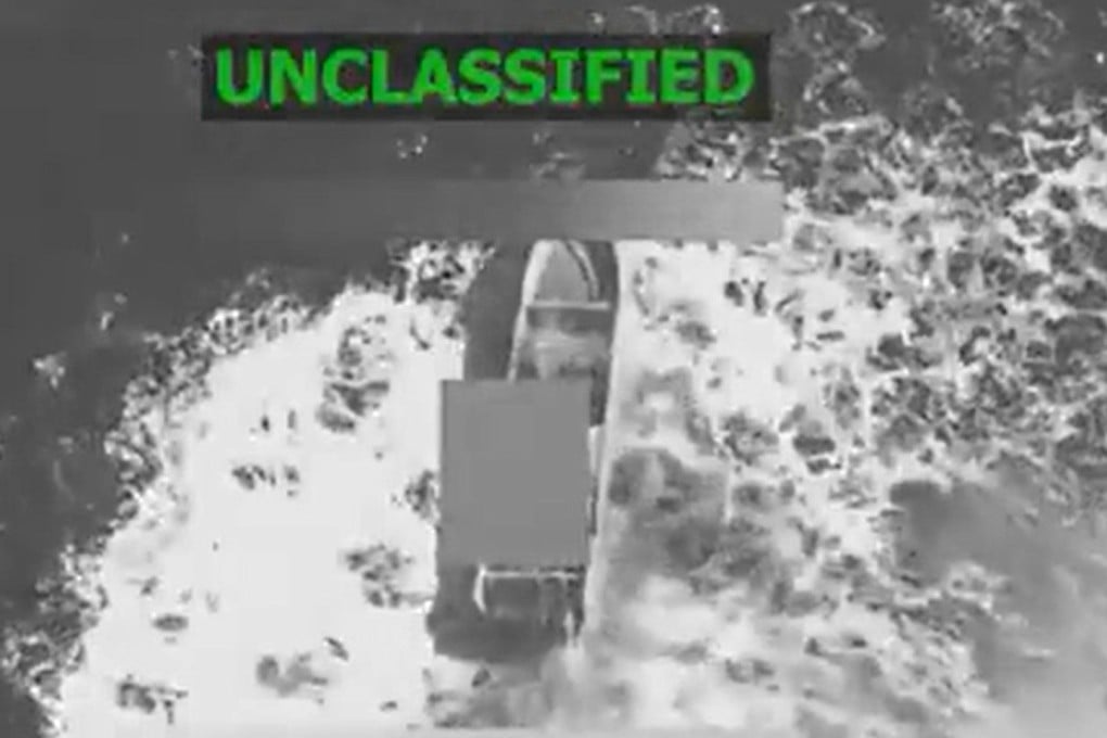 An image from a video US Defence Secretary Pete Hegseth posted to social media has a grey box obscuring a boat that appears in the water before it’s blown up. Photo: X @SecWar