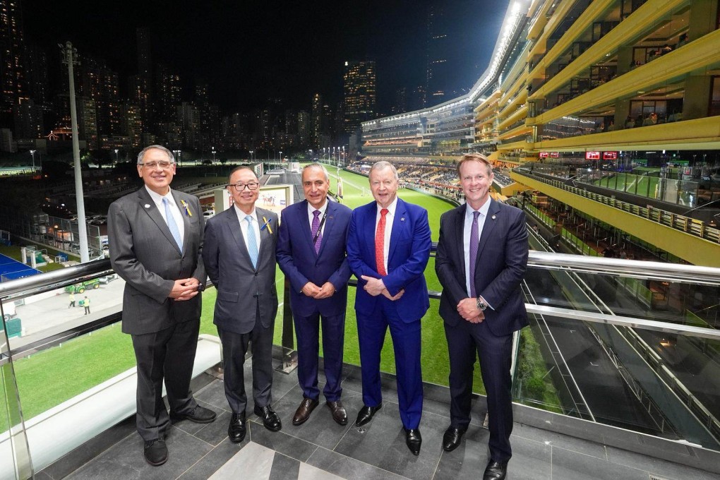 Ingmar De Vos, the FEI president (centre) enjoys a night at Happy Valley Racecourse alongside (from left) Lester Huang, the HKJC deputy chairman, Martin Liao, the club’s chairman, Winfried Engelbrecht-Bresges, it’s CEO and Andrew Harding, executive director, racing. Photo: HKJC