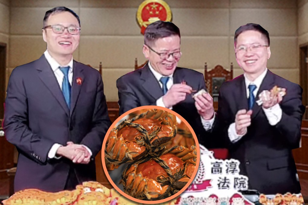 Judges at a court in China attracted 200,000 online viewers when they live-streamed themselves selling crabs to help family pay off their debts. Photo: Shutterstock/Douyin/Sohu