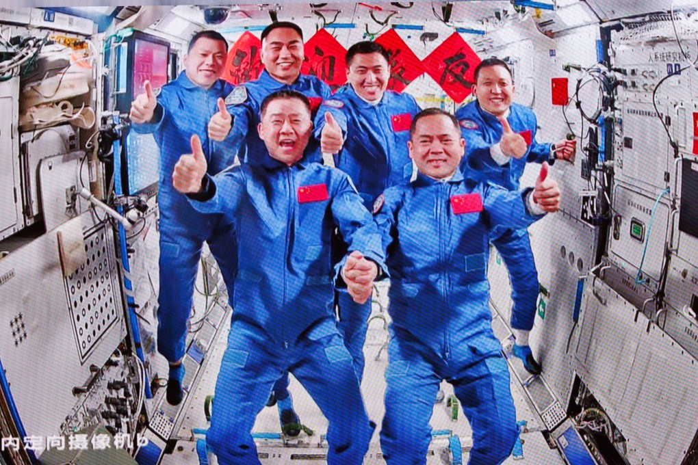 The crew of the Shenzhou-20 and Shenzhou-21 pictured together on board the Tiangong space station on November 1. Photo: Xinhua