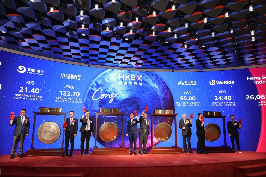 Executives of Ningbo Joyson Electronic, Pony.ai, Vigonvita Life Sciences and WeRide participate in a gong-striking ceremony to mark the listings of their companies on the Hong Kong stock exchange on November 6, 2025. Photo: Nora Tam