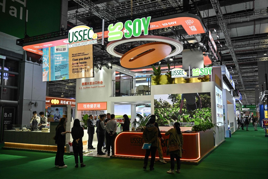 The US Soybean Export Council’s stand is seen at the China International Import Expo in Shanghai on Wednesday. Photo: AFP