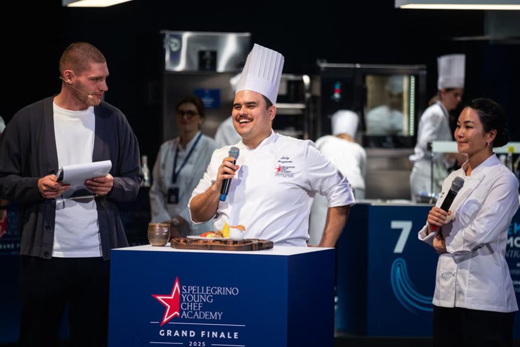 Ardy Ferguson speaks at the San Pellegrino Young Chef Academy Competition 2024-25 final in Milan. Photo: S.Pellegrino Young Chef Academy