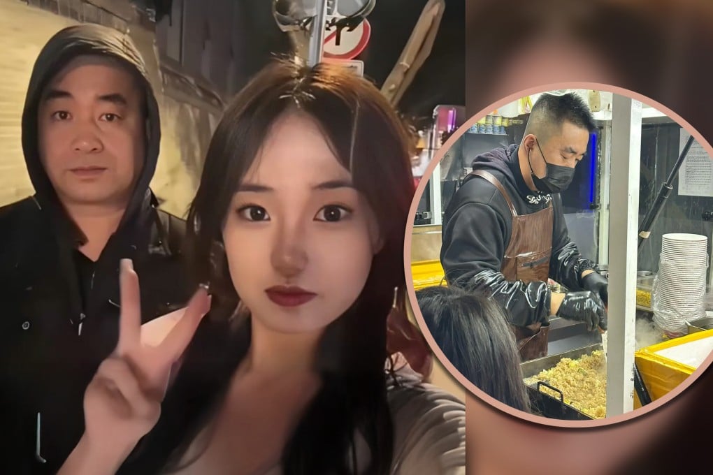 A father in China quit his job 900 kilometres away to to sell food outside his daughter’s university after she complained about the food there. Photo: Douyin