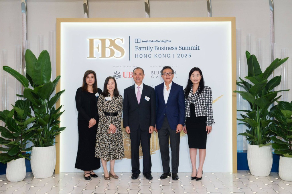 (Left to right): SCMP’s Executive Managing Editor Zuraidah Ibrahim, Editor-in-Chief Tammy Tam, Singapore’s former foreign minister George Yeo, Alibaba Group Holding’s chairman Joe Tsai, SCMP’s CEO Catherine So, at the 2025 Family Business Summit in Hong Kong. Photo: SCMP
