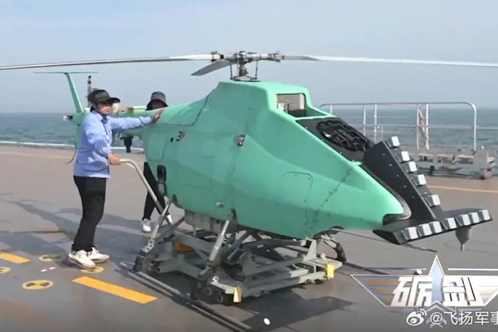 The drone helicopter AR-500CJ was shown in a state television report taking off, hovering over and landing on a ship’s flight deck at sea. Photo: CCTV