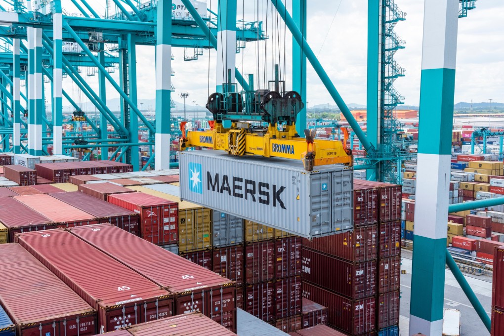 A Maersk container is moved at Malaysia’s Port of Tanjung Pelepas. The shipping firm holds a 30 per cent stake in the port in Johor state. Photo: Shutterstock