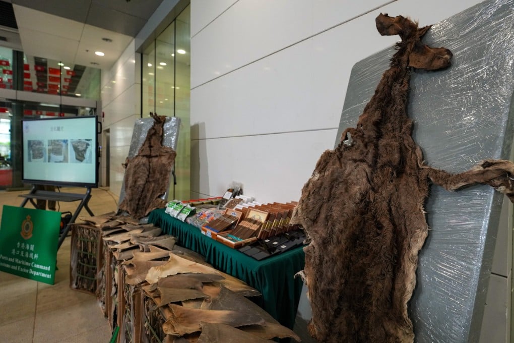 Donkey skins, dried shark fins and other smuggled goods are displayed at a Hong Kong customs press conference on October 27. Photo: Jelly Tse