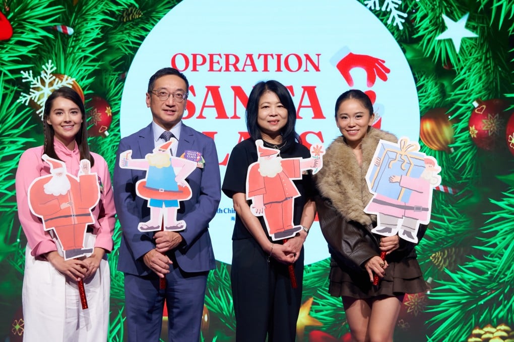 From left, RTHK radio controller Angel Cheng, Post general counsel Paul Wong, former Miss Hong Kong Lisa-Marie Tse and singer Jamie Cheung launch the latest edition of Operation Santa Claus on November 4. Photo: Wong Kin Fung