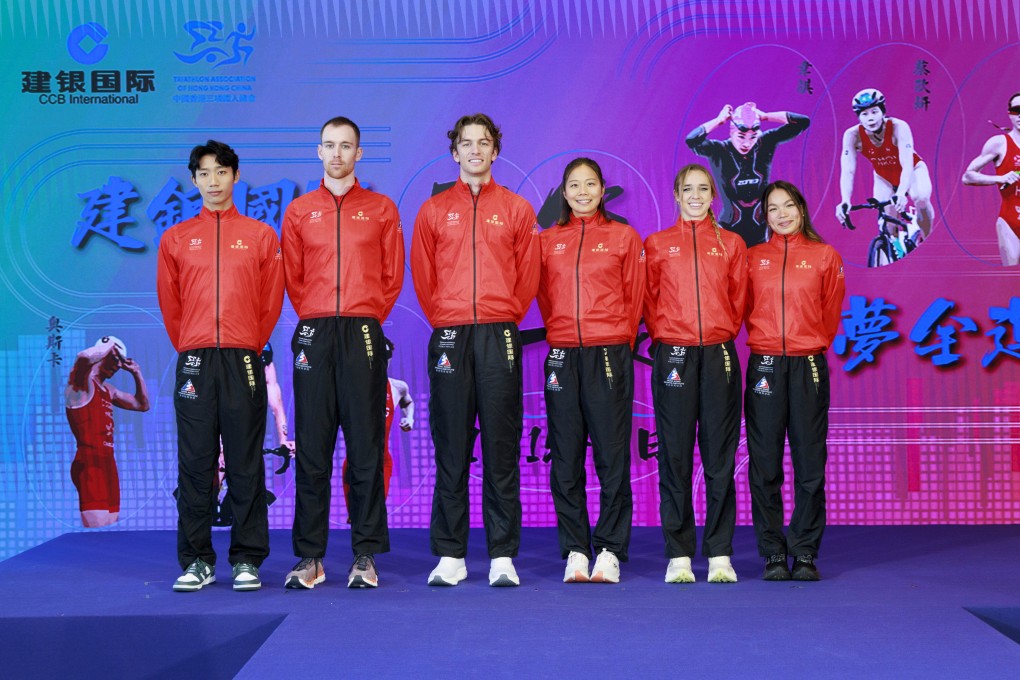 The Hong Kong National Games triathlon squad (from left) Wong Tsz-to, Oscar Coggins, Robin Elg, Hilda Choi, Bailee Brown and Cade Wright. Photo: Handout