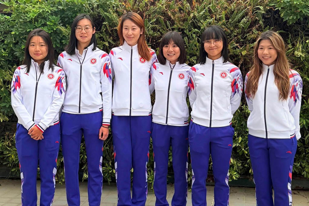 Ceci Lee (second from right) with her Hong Kong road race teammates after their arrival in Zhuhai on Wednesday. Photo: CAHKC