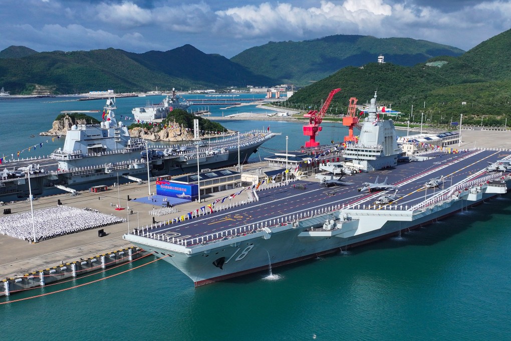 China’s Fujian aircraft carrier is commissioned at a naval port in Sanya in south China’s Hainan province on Wednesday. Photo: Xinhua