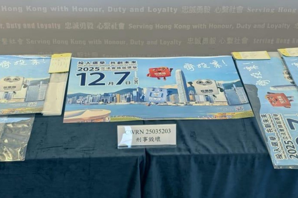 Police have arrested three men on suspicion of damaging posters of the coming Legco election in Hong Kong. Photo: Handout