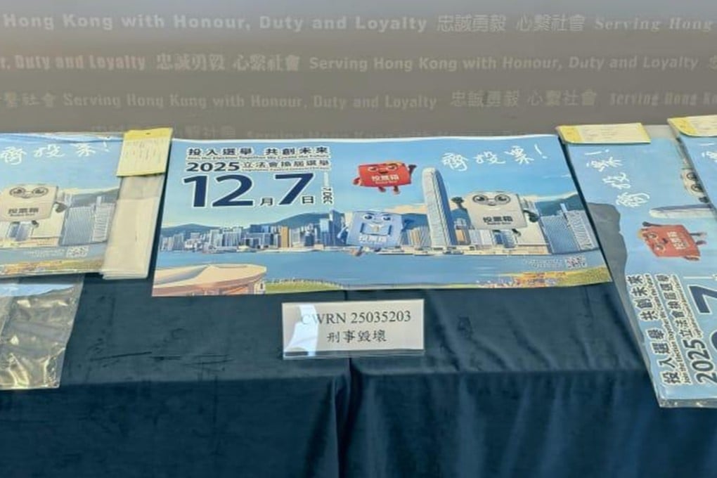 Police have arrested three men on suspicion of damaging posters of the coming Legco election in Hong Kong. Photo: Handout