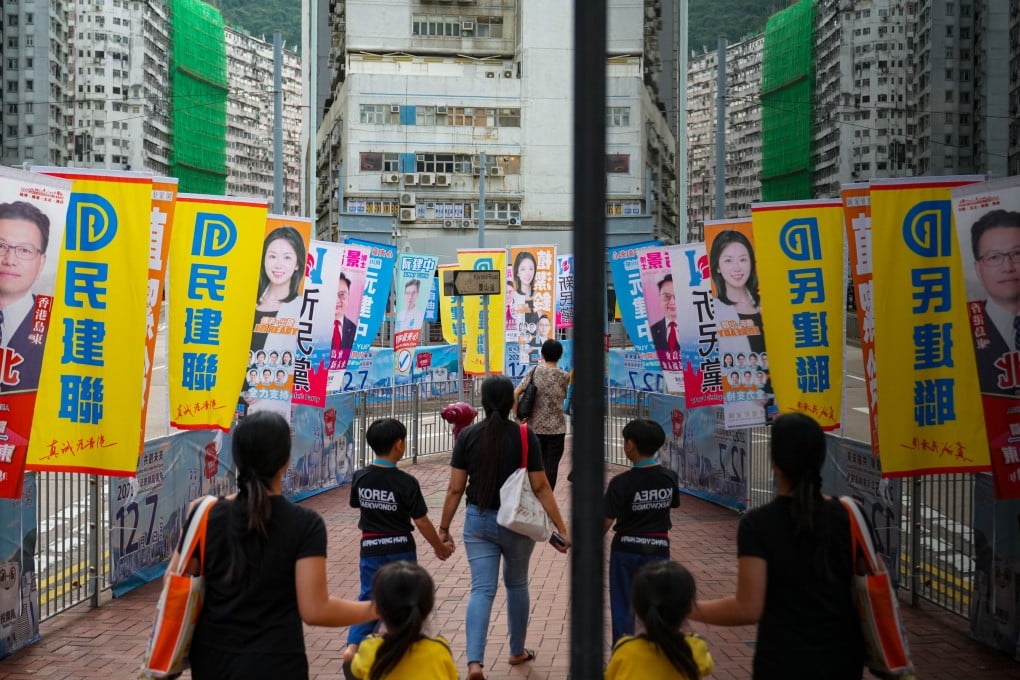 Banners for election candidates along King’s Road in Tai Koo. Photo: Sam Tsang