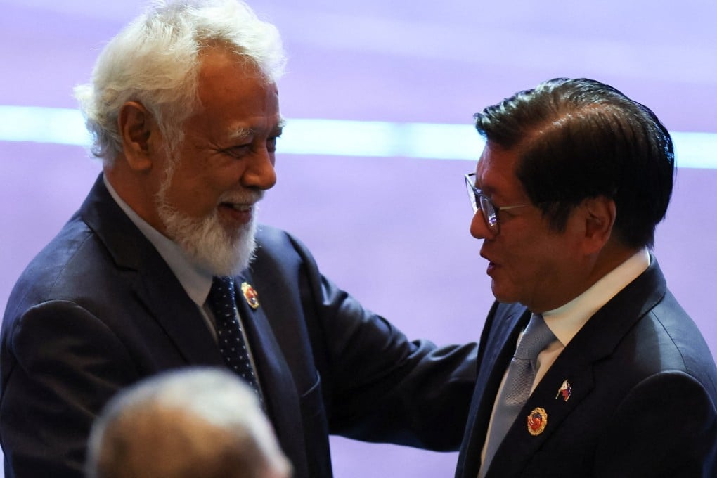 East Timor Prime Minister Kay Rala Xanana Gusmao shakes hands with Philippine President Ferdinand Marcos Jnr at the Asean summit on October 28. Photo: Reuters