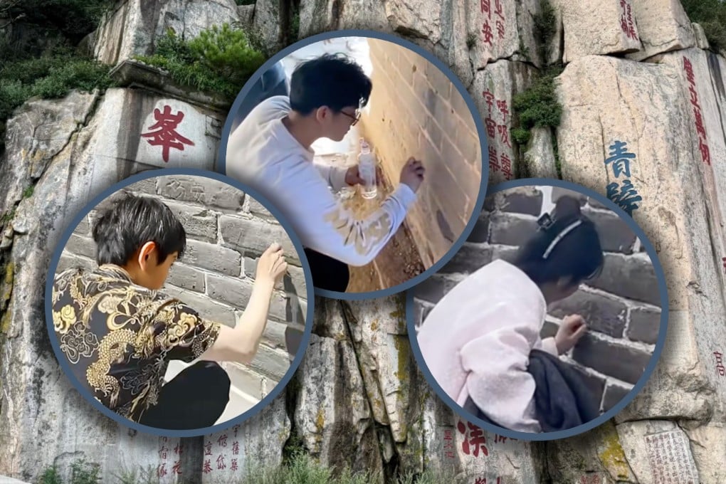 Two men in China have been arrested for inscribing words such as “success”, “good luck” and “blessings” at 35 historical sites on a sacred mountain in the belief that it could alter their fortunes. Photo: Douyin/RedNote