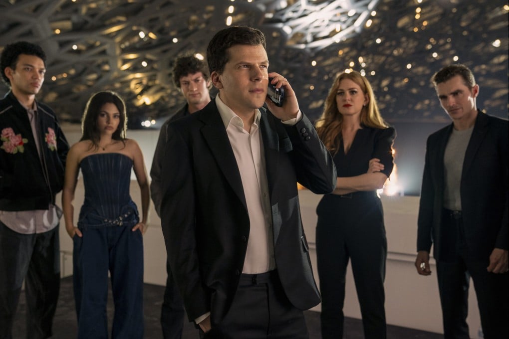 (From left) Justice Smith, Ariana Greenblatt, Dominic Sessa, Jesse Eisenberg, Isla Fisher and Dave Franco in a still from Now You See Me: Now You Don’t. Photo: Katalin Vermes/Lionsgate