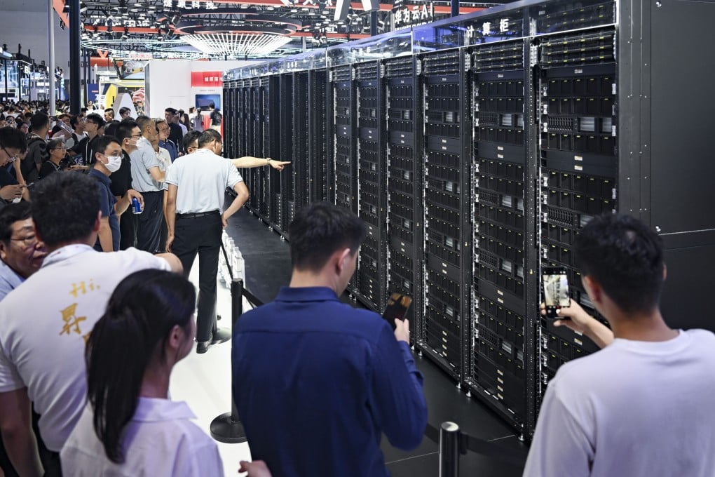 Visitors view Huawei Technologies’ CloudMatrix 384 system at the 2025 World AI Conference in Shanghai. Photo: Xinhua
