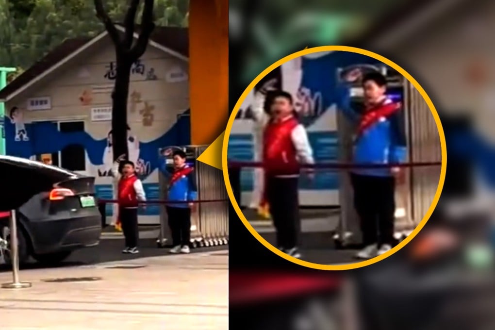 A primary school in China has caused outrage by making pupils salute teachers’ cars when they arrive in the morning. Photo: Douyin